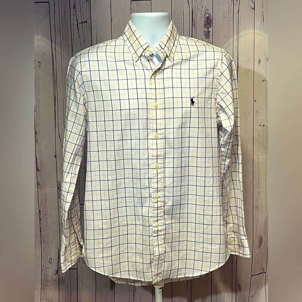 RALPH LAUREN White, blue & pink Tattersall plaid‎ long sleeve shirt size S.